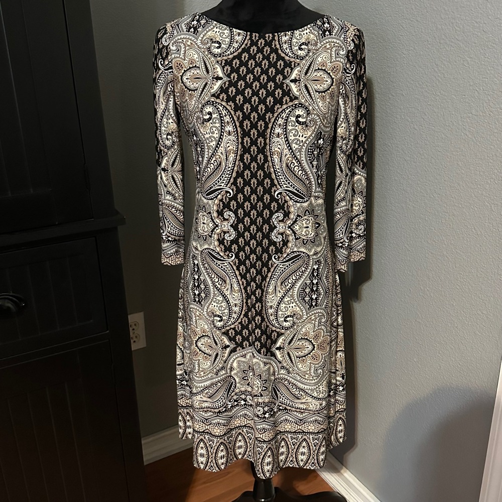 London Style Collection Dress Size 6 Paisley Sheath Stretch Boho Career Modern